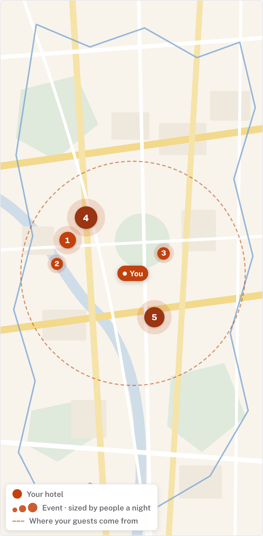 Events around your hotel — dots sized by nightly attendance